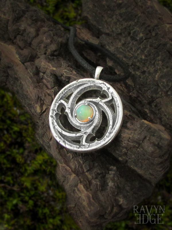 Sterling silver opal necklace with triskele, october birthstone necklace