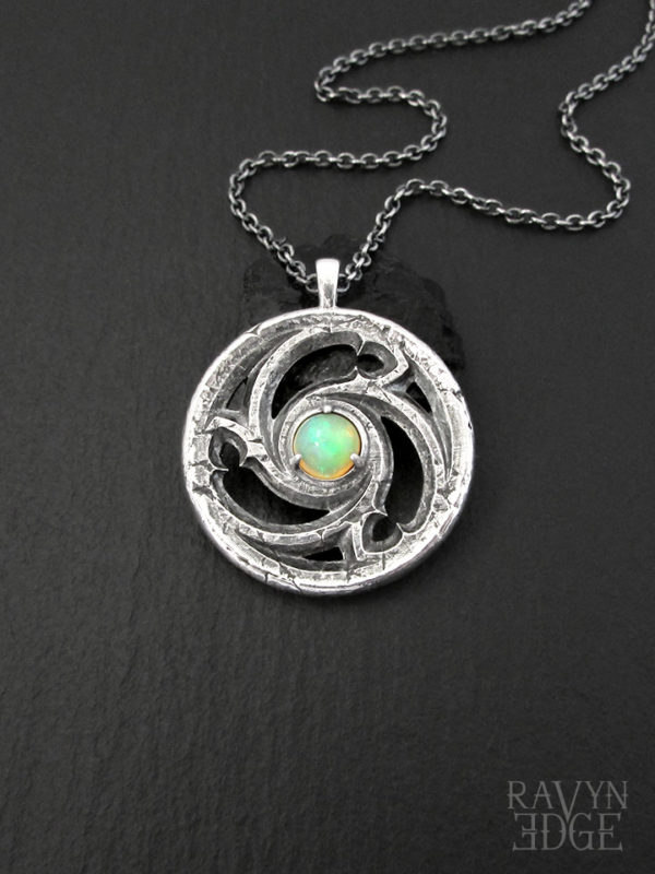 Sterling silver triskele cathedral window necklace with opal