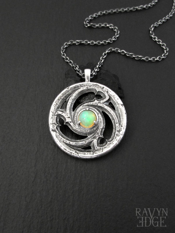 Sterling silver triskele cathedral window necklace with opal