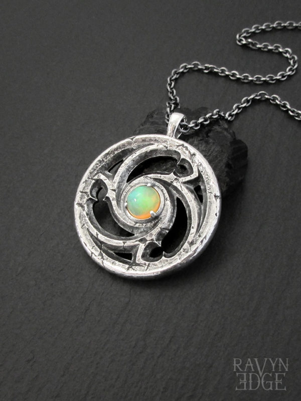 Triskelion spiral gothic rose window with opal necklace in sterling silver