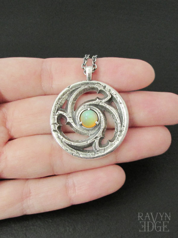 Triskele opal necklace silver, medieval medallion necklace