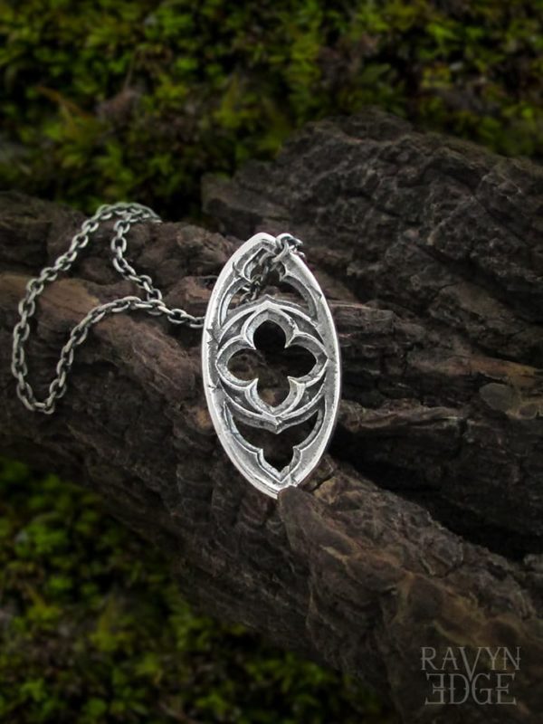 Double sided quatrefoil gothic window necklace in sterling silver