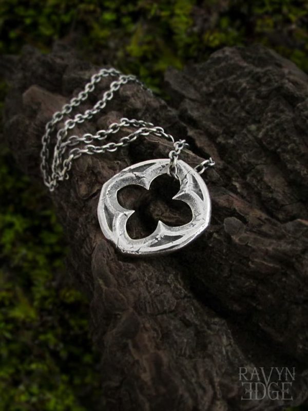 Sterling silver quatrefoil pendant necklace, gothic architecture jewelry