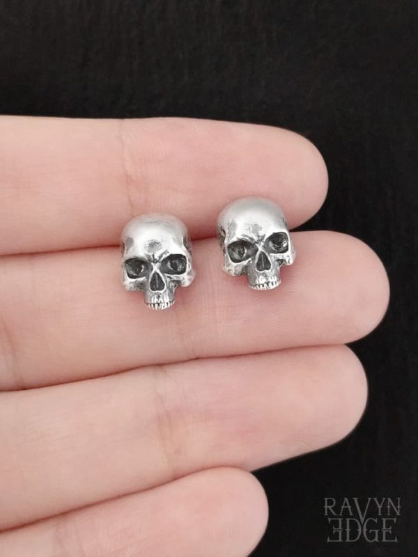 Sterling silver skull stud earrings, memento mori jewelry