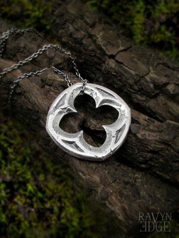 Large sterling silver quatrefoil necklace, gothic architecture jewelry