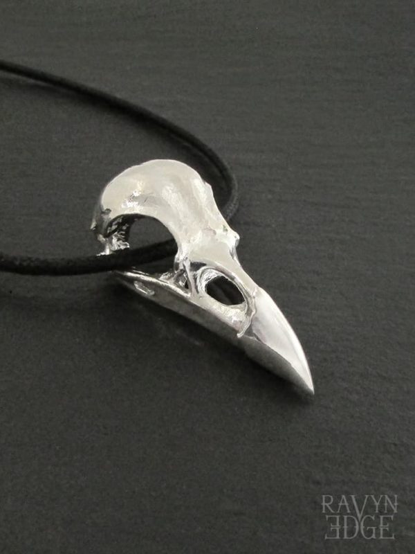 Large sterling silver raven skull pendant necklace