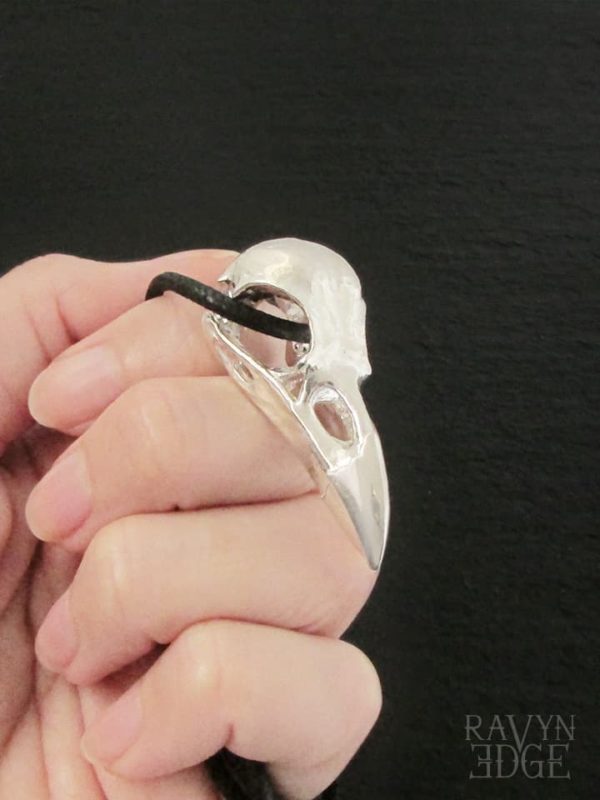 Large raven skull pendant necklace in sterling silver