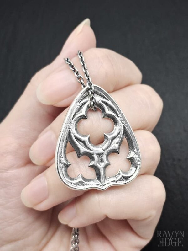 Sterling silver planchette jewelry, quatrefoil window necklace