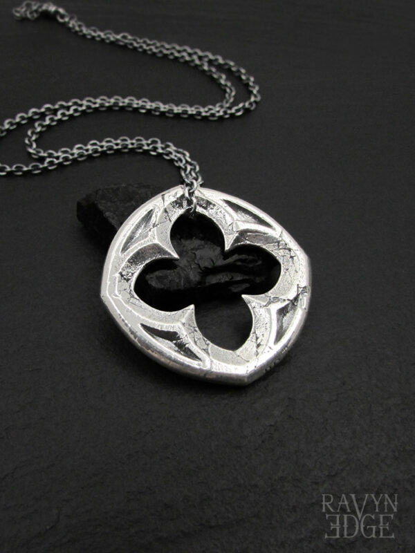 Double sided quatrefoil gothic window necklace in sterling silver