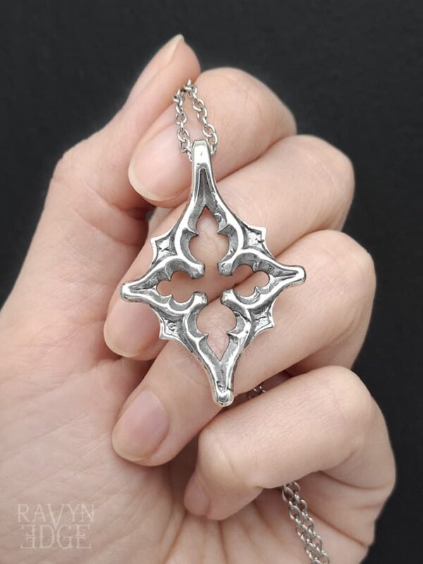 Silver necklace with star, gothic window quatrefoil necklace
