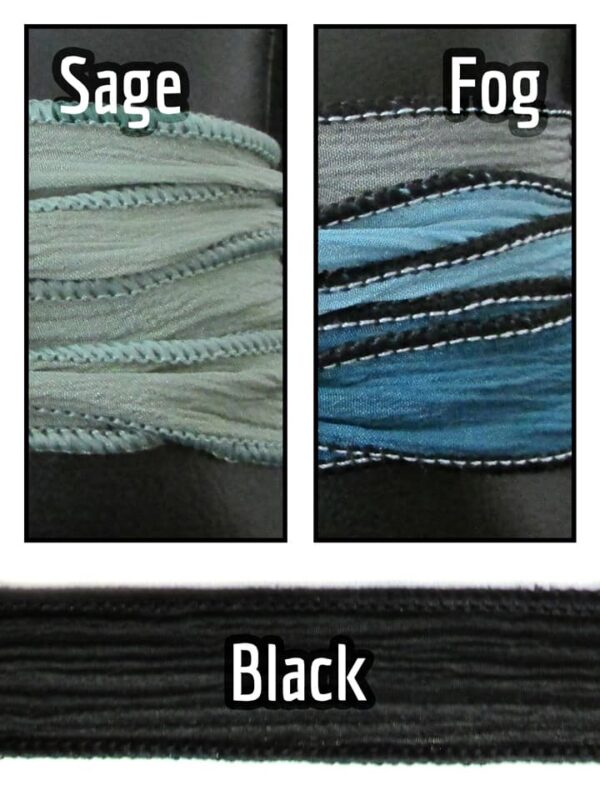 Silk wrap bracelet color swatches showing black, fog, and sage